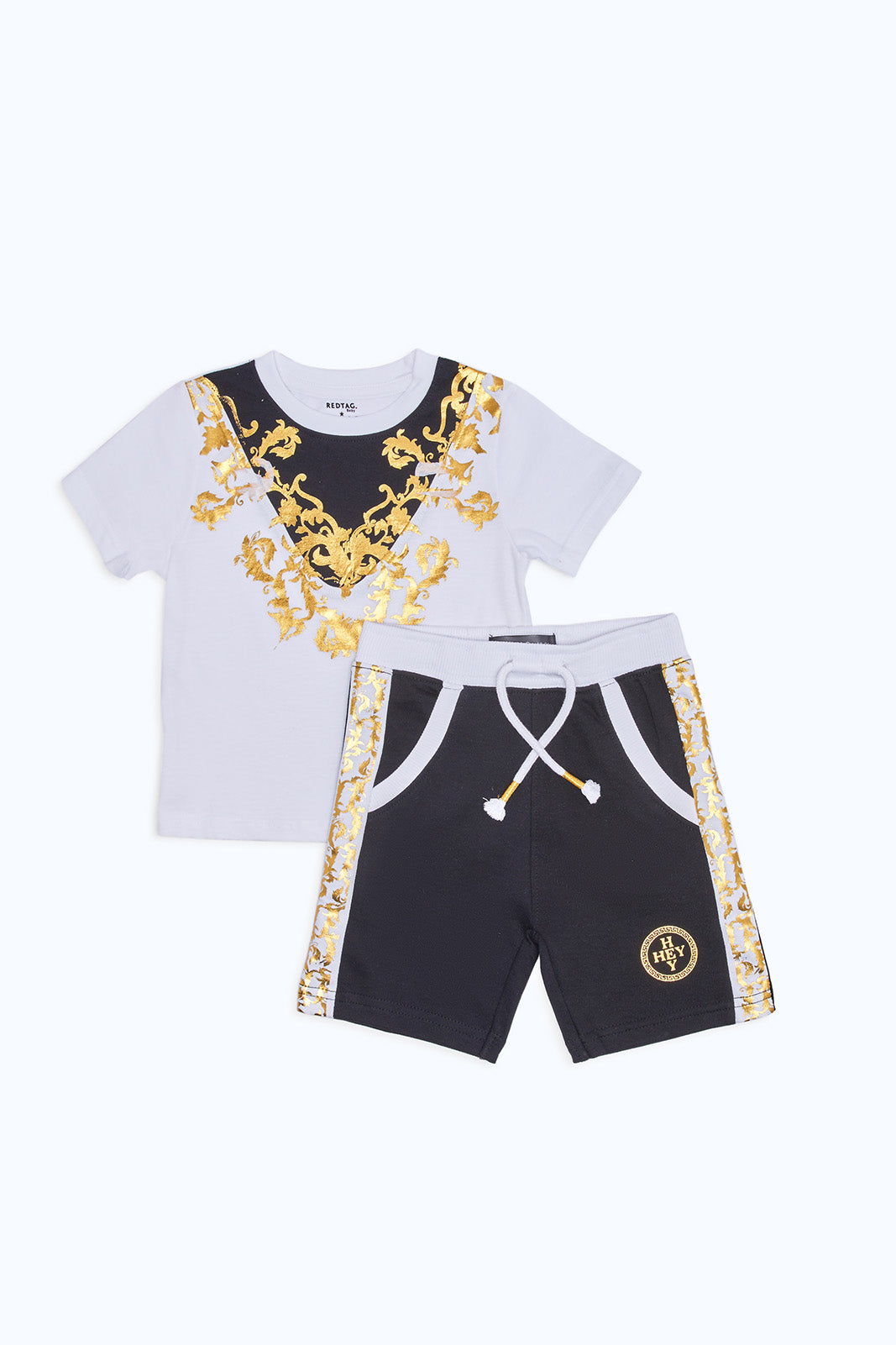 Redtag-Boys-Black-And-White-With-Gold-Design-Print-Tshirt-And-Short-Set-(2-Pack)-Category:Sets,-Colour:White,-Deals:New-In,-Event:,-Filter:Infant-Boys-(3-to-24-Mths),-H1:KWR,-H2:INB,-H3:SET,-H4:CAE,-INB-Sets,-New-In-INB-APL,-Non-Sale,-Packs,-Promo:,-RMD,-S23C,-Season:S23C,-Section:Boys-(0-to-14Yrs),-Set:Set-of-2-Infant-Boys-3 to 24 Months