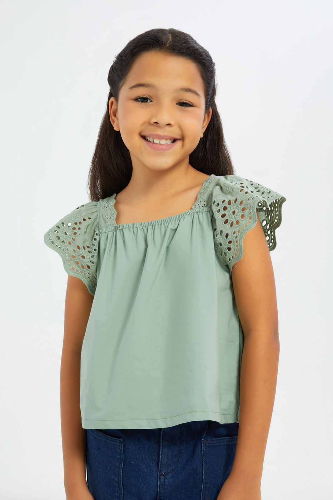 Redtag-Girls-Slv-Anglaise-Blouse--Sage-Category:Blouses,-Colour:Green,-Deals:3-FOR-90,-Deals:New-In,-Filter:Girls-(2-to-8-Yrs),-GIR-Blouses,-H1:KWR,-H2:GIR,-H3:BLO,-H4:CBL,-New-In-GIR-APL,-Non-Sale,-S23B,-Season:S23B,-Section:Girls-(0-to-14Yrs)-Girls-2 to 8 Years