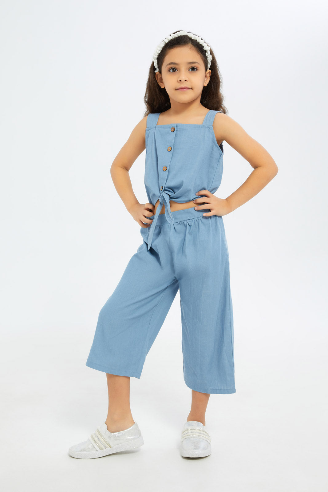 Redtag-Girls-Blue-Chambray-Jumpsuit-Category:Jumpsuits,-Colour:Blue,-Deals:New-In,-Filter:Girls-(2-to-8-Yrs),-GIR-Jumpsuits,-H1:KWR,-H2:GIR,-H3:SET,-H4:JMS,-New-In-GIR-APL,-Non-Sale,-S23B,-Season:S23B,-Section:Girls-(0-to-14Yrs)-Girls-2 to 8 Years