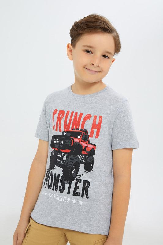 Redtag-Boys-Grey-Melange-Dino-Short-Sleeve-Graphic-T-Shirt-BOY-T-Shirts,-Category:T-Shirts,-Colour:Blue,-Deals:New-In,-Filter:Boys-(2-to-8-Yrs),-H1:KWR,-H2:BOY,-H3:TSH,-H4:TSH,-New-In-BOY-APL,-Non-Sale,-Promo:TBL,-S23C,-Season:S23C,-Section:Boys-(0-to-14Yrs),-TBL-Boys-2 to 8 Years