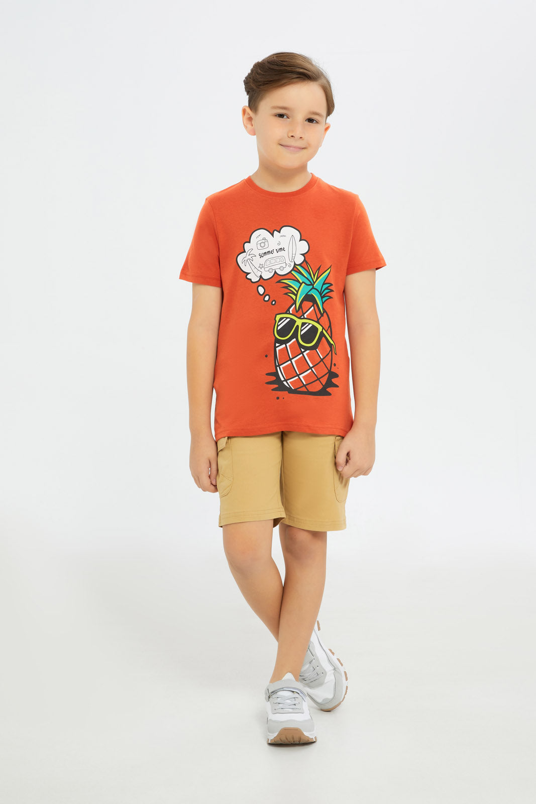 Redtag-Boys-Orange-Summer-Time-Short-Sleeve-Graphic-T-Shirt-BOY-T-Shirts,-Category:T-Shirts,-Colour:Orange,-Deals:New-In,-Filter:Boys-(2-to-8-Yrs),-H1:KWR,-H2:BOY,-H3:TSH,-H4:TSH,-New-In-BOY-APL,-Non-Sale,-Promo:TBL,-S23C,-Season:S23C,-Section:Boys-(0-to-14Yrs),-TBL-Boys-2 to 8 Years