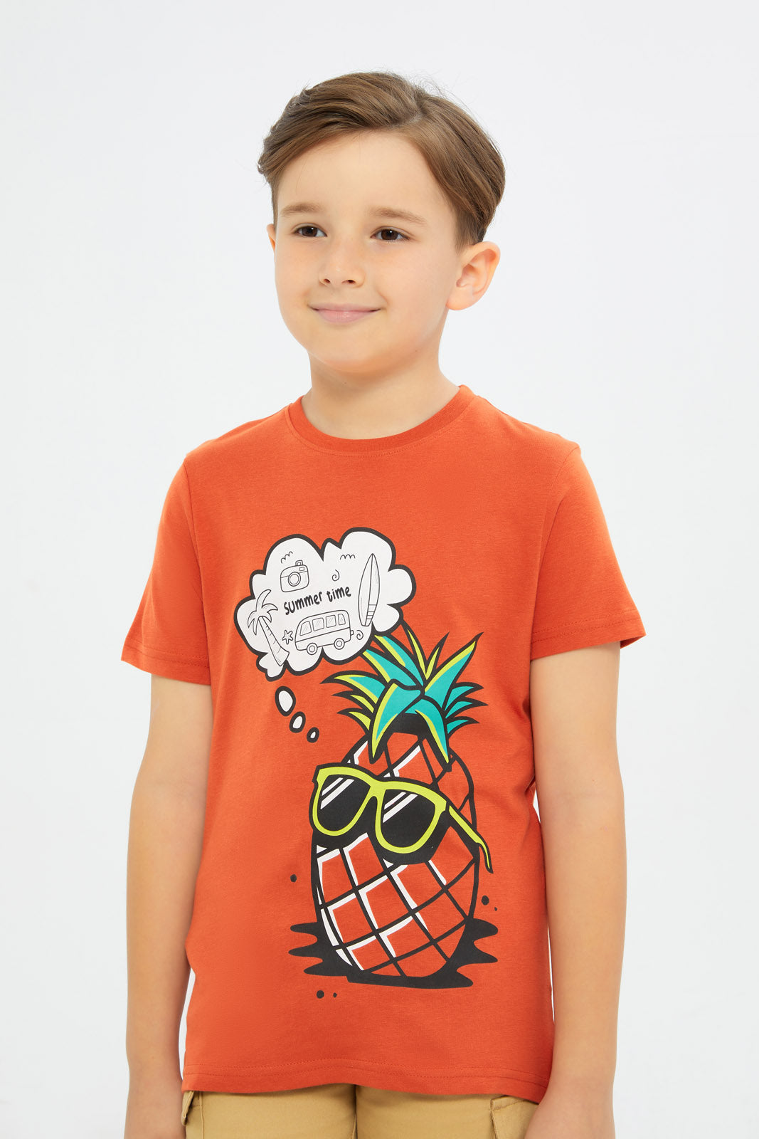 Redtag-Boys-Orange-Summer-Time-Short-Sleeve-Graphic-T-Shirt-BOY-T-Shirts,-Category:T-Shirts,-Colour:Orange,-Deals:New-In,-Filter:Boys-(2-to-8-Yrs),-H1:KWR,-H2:BOY,-H3:TSH,-H4:TSH,-New-In-BOY-APL,-Non-Sale,-Promo:TBL,-S23C,-Season:S23C,-Section:Boys-(0-to-14Yrs),-TBL-Boys-2 to 8 Years
