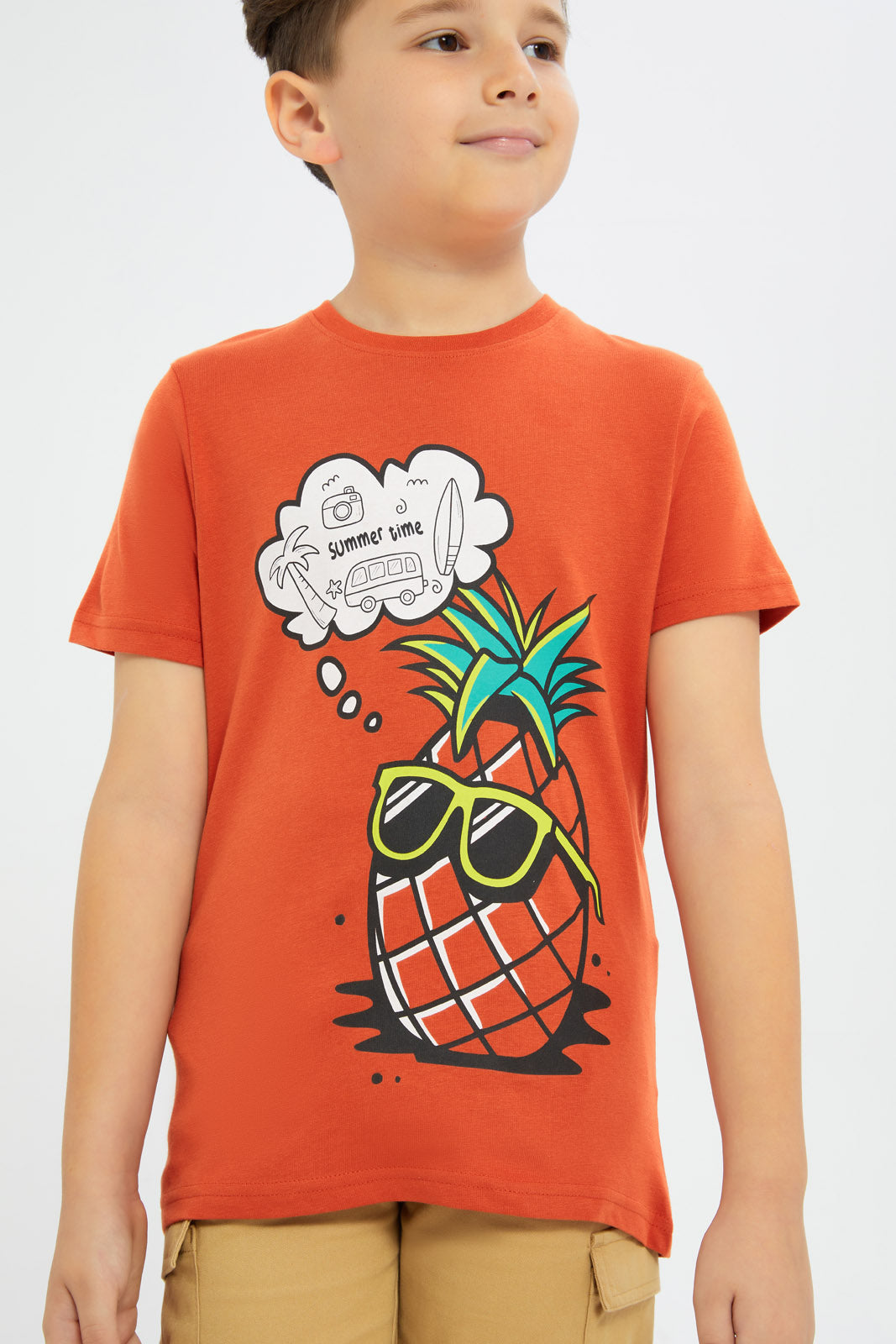 Redtag-Boys-Orange-Summer-Time-Short-Sleeve-Graphic-T-Shirt-BOY-T-Shirts,-Category:T-Shirts,-Colour:Orange,-Deals:New-In,-Filter:Boys-(2-to-8-Yrs),-H1:KWR,-H2:BOY,-H3:TSH,-H4:TSH,-New-In-BOY-APL,-Non-Sale,-Promo:TBL,-S23C,-Season:S23C,-Section:Boys-(0-to-14Yrs),-TBL-Boys-2 to 8 Years