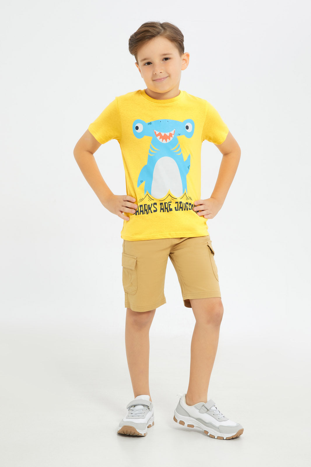 Redtag-Boys-Yellow-Shark-Short-Sleeve-Graphic-T-Shirt-BOY-T-Shirts,-Category:T-Shirts,-Colour:Yellow,-Deals:New-In,-Filter:Boys-(2-to-8-Yrs),-H1:KWR,-H2:BOY,-H3:TSH,-H4:TSH,-New-In-BOY-APL,-Non-Sale,-Promo:TBL,-S23C,-Season:S23C,-Section:Boys-(0-to-14Yrs),-TBL-Boys-2 to 8 Years