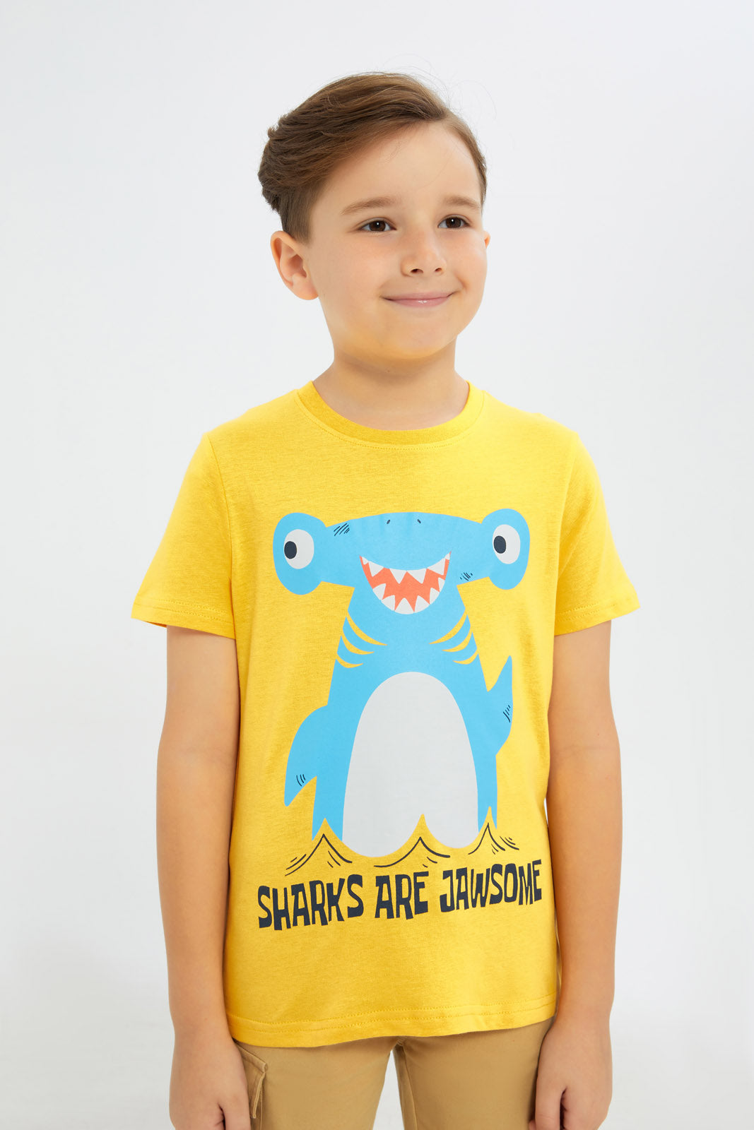 Redtag-Boys-Yellow-Shark-Short-Sleeve-Graphic-T-Shirt-BOY-T-Shirts,-Category:T-Shirts,-Colour:Yellow,-Deals:New-In,-Filter:Boys-(2-to-8-Yrs),-H1:KWR,-H2:BOY,-H3:TSH,-H4:TSH,-New-In-BOY-APL,-Non-Sale,-Promo:TBL,-S23C,-Season:S23C,-Section:Boys-(0-to-14Yrs),-TBL-Boys-2 to 8 Years