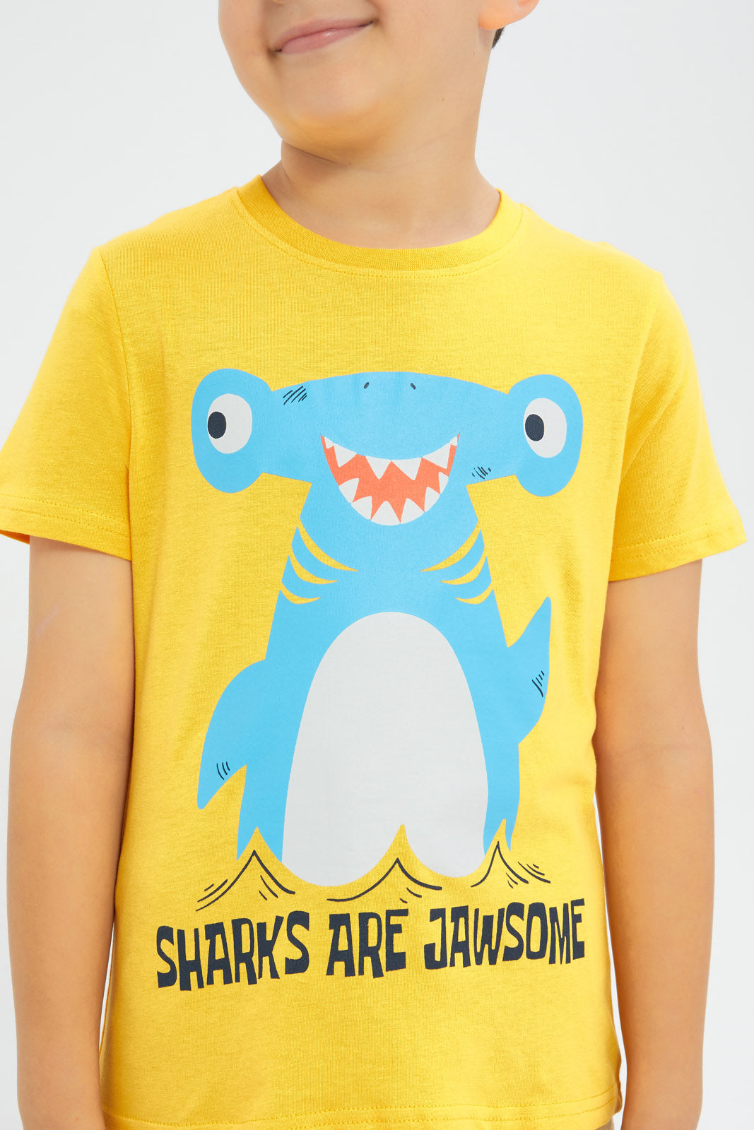 Redtag-Boys-Yellow-Shark-Short-Sleeve-Graphic-T-Shirt-BOY-T-Shirts,-Category:T-Shirts,-Colour:Yellow,-Deals:New-In,-Filter:Boys-(2-to-8-Yrs),-H1:KWR,-H2:BOY,-H3:TSH,-H4:TSH,-New-In-BOY-APL,-Non-Sale,-Promo:TBL,-S23C,-Season:S23C,-Section:Boys-(0-to-14Yrs),-TBL-Boys-2 to 8 Years