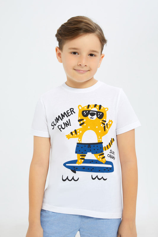 Redtag-Boys-White-Tiger-Short-Sleeve-Graphic-T-Shirt-BOY-T-Shirts,-Category:T-Shirts,-Colour:White,-Deals:New-In,-Filter:Boys-(2-to-8-Yrs),-H1:KWR,-H2:BOY,-H3:TSH,-H4:TSH,-New-In-BOY-APL,-Non-Sale,-Promo:TBL,-S23C,-Season:S23C,-Section:Boys-(0-to-14Yrs),-TBL-Boys-2 to 8 Years