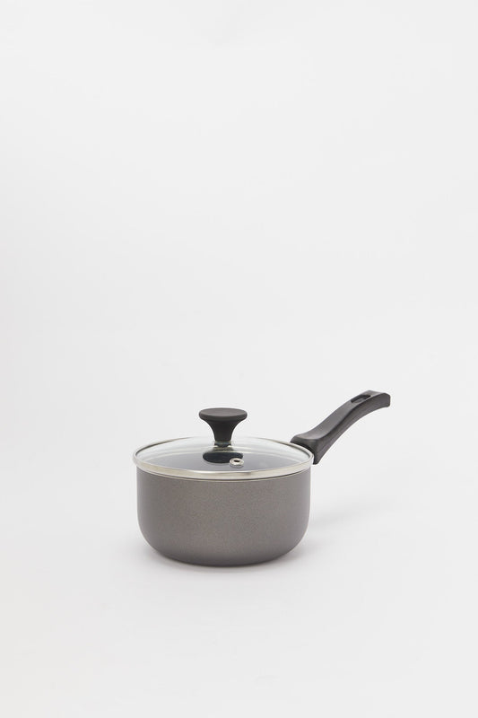 Redtag-Black-Aluminum-Non-Stick-Sauce-Pan-With-Glass-Lid-(12Cm)-365,-Category:Pans,-Colour:Black,-Deals:New-In,-Filter:Home-Dining,-H1:HMW,-H2:DIN,-H3:COO,-H4:PAP,-HMW-DIN-Cookware,-New-In-HMW-DIN,-Non-Sale,-Season:365,-Section:Homewares,-Style:MINIATURE-Home-Dining-