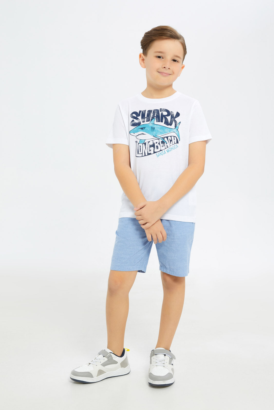 Redtag-Boys-White-Shark-Print-Short-Sleeve-T-Shirt-BOY-T-Shirts,-Category:T-Shirts,-Colour:White,-Deals:New-In,-Filter:Boys-(2-to-8-Yrs),-H1:KWR,-H2:BOY,-H3:TSH,-H4:TSH,-New-In-BOY-APL,-Non-Sale,-Promo:TBL,-S23C,-Season:S23C,-Section:Boys-(0-to-14Yrs),-TBL-Boys-2 to 8 Years