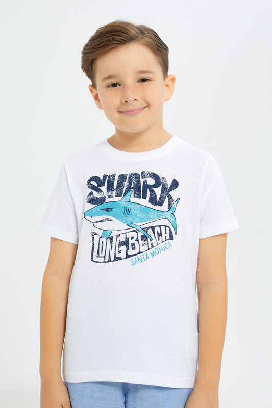 Redtag-Boys-White-Shark-Print-Short-Sleeve-T-Shirt-BOY-T-Shirts,-Category:T-Shirts,-Colour:White,-Deals:New-In,-Filter:Boys-(2-to-8-Yrs),-H1:KWR,-H2:BOY,-H3:TSH,-H4:TSH,-New-In-BOY-APL,-Non-Sale,-Promo:TBL,-S23C,-Season:S23C,-Section:Boys-(0-to-14Yrs),-TBL-Boys-2 to 8 Years