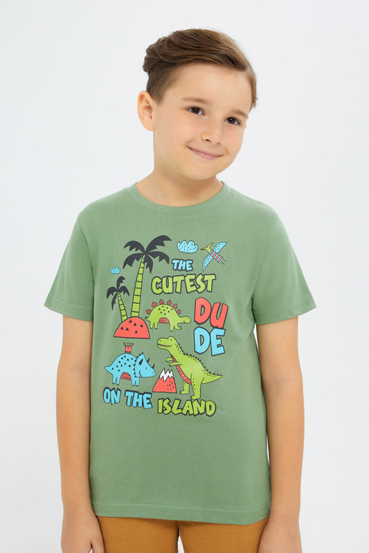 Redtag-Boys-Green-Dino-Print-Short-Sleeve-T-Shirt-BOY-T-Shirts,-Category:T-Shirts,-Colour:Green,-Deals:New-In,-Filter:Boys-(2-to-8-Yrs),-H1:KWR,-H2:BOY,-H3:TSH,-H4:TSH,-New-In-BOY-APL,-Non-Sale,-Promo:TBL,-S23C,-Season:S23C,-Section:Boys-(0-to-14Yrs),-TBL-Boys-2 to 8 Years