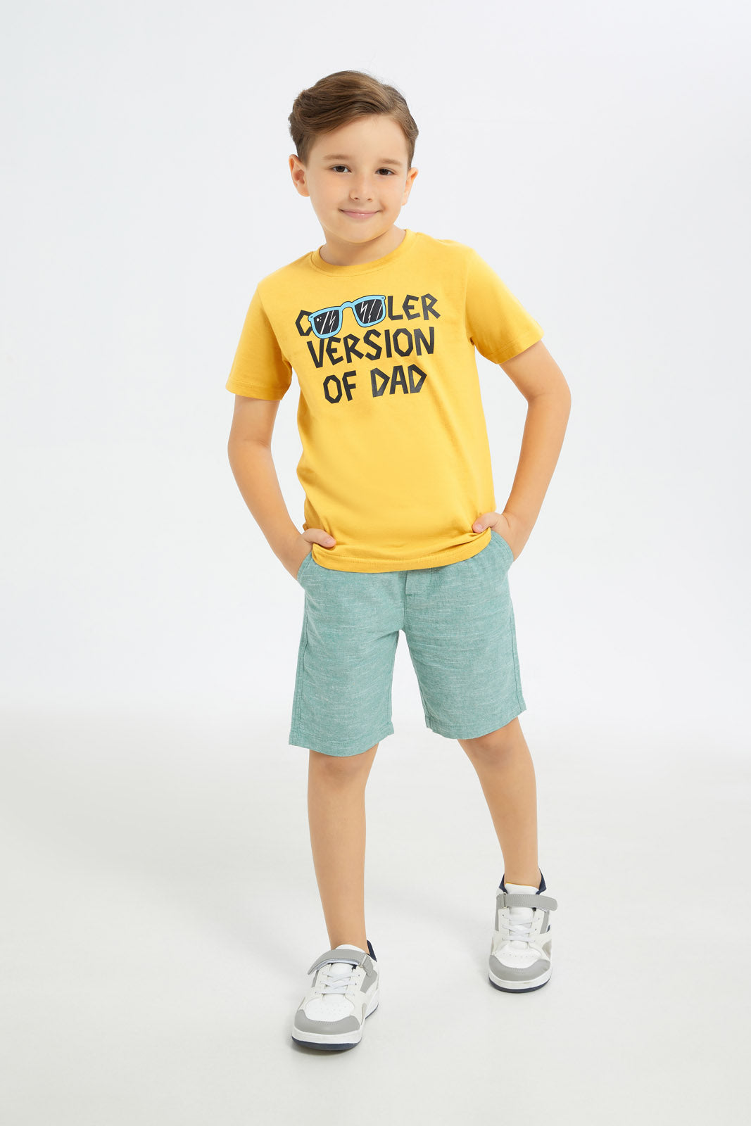 Redtag-Boys-Yellow-Cooler-Version-Graphic-Short-Sleeve-T-Shirt-BOY-T-Shirts,-Category:T-Shirts,-Colour:Yellow,-Deals:New-In,-Filter:Boys-(2-to-8-Yrs),-H1:KWR,-H2:BOY,-H3:TSH,-H4:TSH,-New-In-BOY-APL,-Non-Sale,-Promo:TBL,-S23C,-Season:S23C,-Section:Boys-(0-to-14Yrs),-TBL-Boys-2 to 8 Years