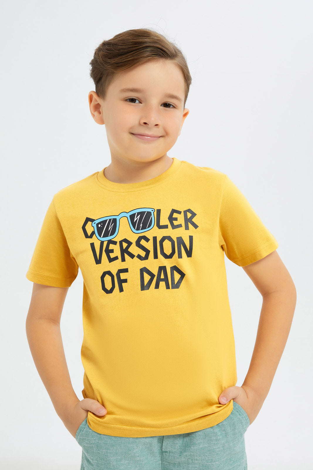 Redtag-Boys-Yellow-Cooler-Version-Graphic-Short-Sleeve-T-Shirt-BOY-T-Shirts,-Category:T-Shirts,-Colour:Yellow,-Deals:New-In,-Filter:Boys-(2-to-8-Yrs),-H1:KWR,-H2:BOY,-H3:TSH,-H4:TSH,-New-In-BOY-APL,-Non-Sale,-Promo:TBL,-S23C,-Season:S23C,-Section:Boys-(0-to-14Yrs),-TBL-Boys-2 to 8 Years