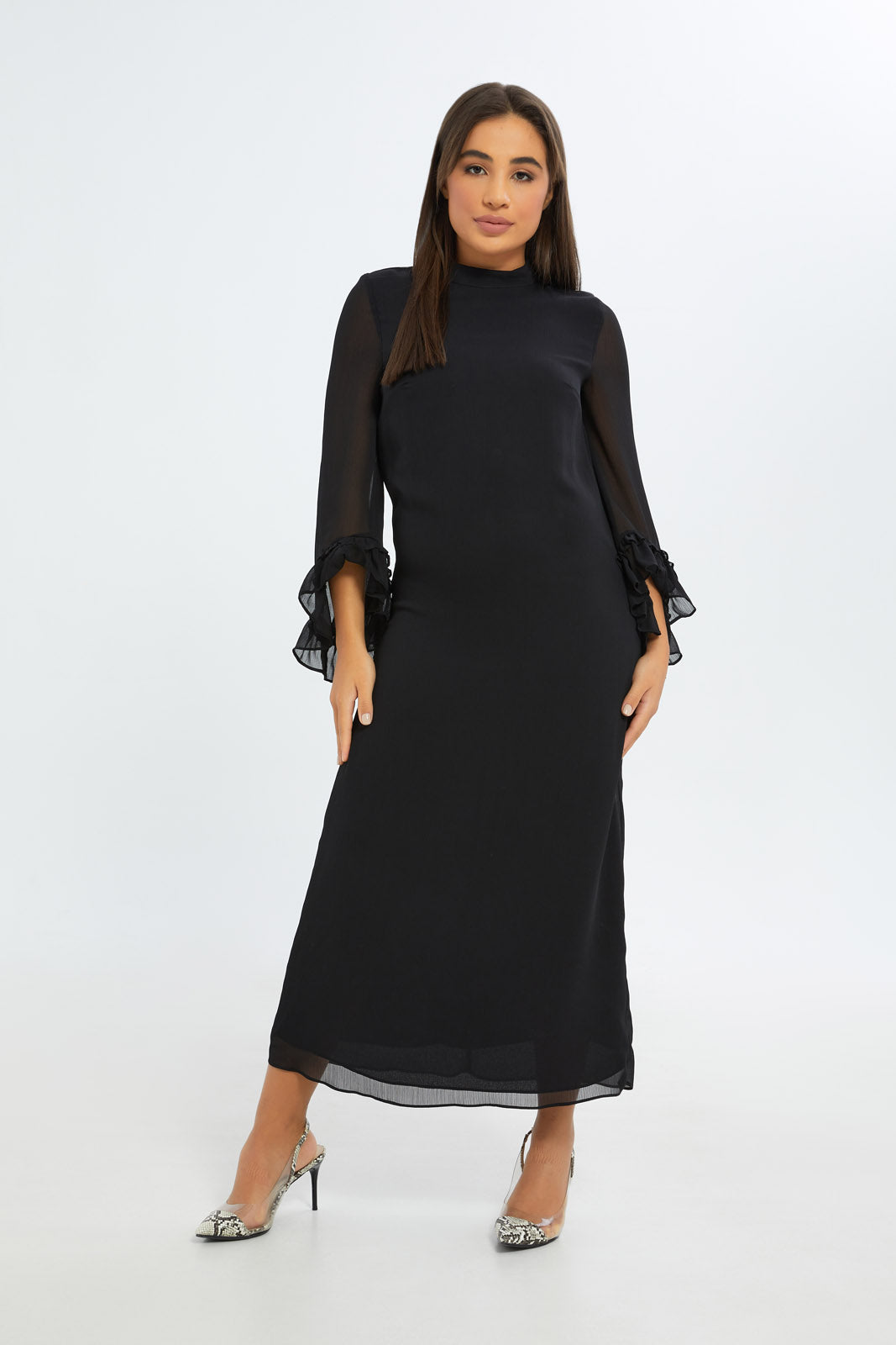 Redtag-Women-Black-High-Neck-Maxi-Ruffle-Slv-Dress-Category:Dresses,-Colour:Black,-Deals:New-In,-Event:RMD,-Filter:Women's-Clothing,-H1:LWR,-H2:LAD,-H3:DRS,-H4:CAD,-New-In-Women-APL,-Non-Sale,-Occasion:Party-Dress,-Promo:RMD,-RMD,-S23B,-Season:S23C,-Section:Women,-Women-DressesDress-Size:Maxi-Dress-Women's-