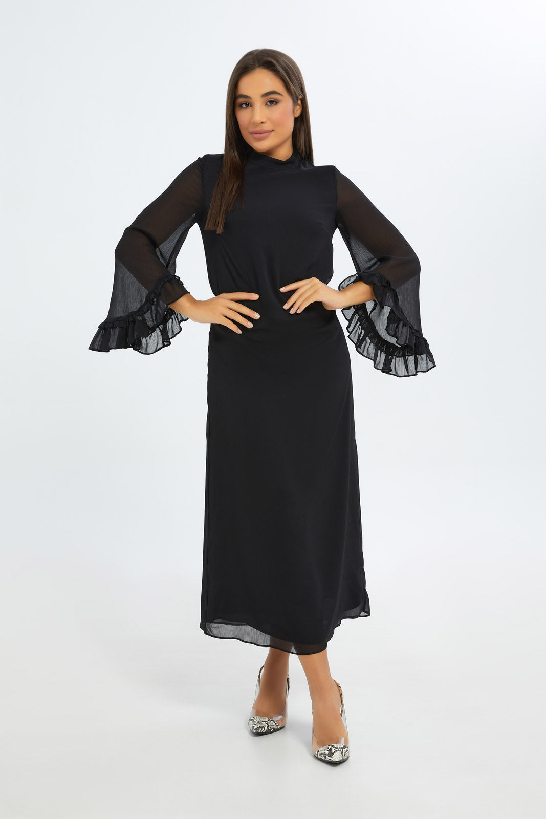 Redtag-Women-Black-High-Neck-Maxi-Ruffle-Slv-Dress-Category:Dresses,-Colour:Black,-Deals:New-In,-Event:RMD,-Filter:Women's-Clothing,-H1:LWR,-H2:LAD,-H3:DRS,-H4:CAD,-New-In-Women-APL,-Non-Sale,-Occasion:Party-Dress,-Promo:RMD,-RMD,-S23B,-Season:S23C,-Section:Women,-Women-DressesDress-Size:Maxi-Dress-Women's-