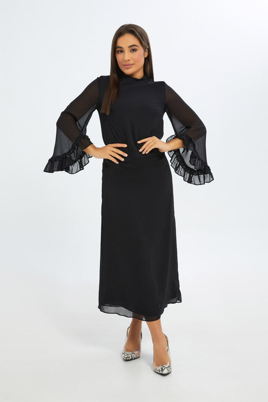 Redtag-Women-Black-High-Neck-Maxi-Ruffle-Slv-Dress-Category:Dresses,-Colour:Black,-Deals:New-In,-Event:RMD,-Filter:Women's-Clothing,-H1:LWR,-H2:LAD,-H3:DRS,-H4:CAD,-New-In-Women-APL,-Non-Sale,-Occasion:Party-Dress,-Promo:RMD,-RMD,-S23B,-Season:S23C,-Section:Women,-Women-DressesDress-Size:Maxi-Dress-Women's-