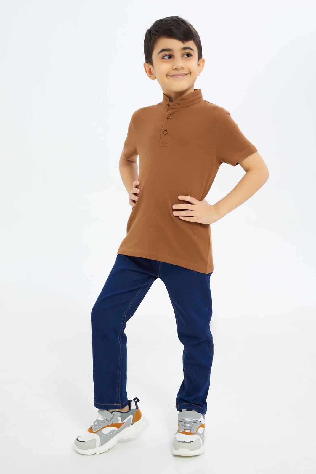 Redtag-Boys-Brown-Stand-Up-Collar-Polo-Shirt-BOY-Polo-T-Shirts,-Category:Polo-T-Shirts,-Colour:Brown,-Deals:New-In,-Filter:Boys-(2-to-8-Yrs),-New-In-BOY-APL,-Non-Sale,-S23B,-Section:Boys-(0-to-14Yrs),-VLM-Boys-2 to 8 Years