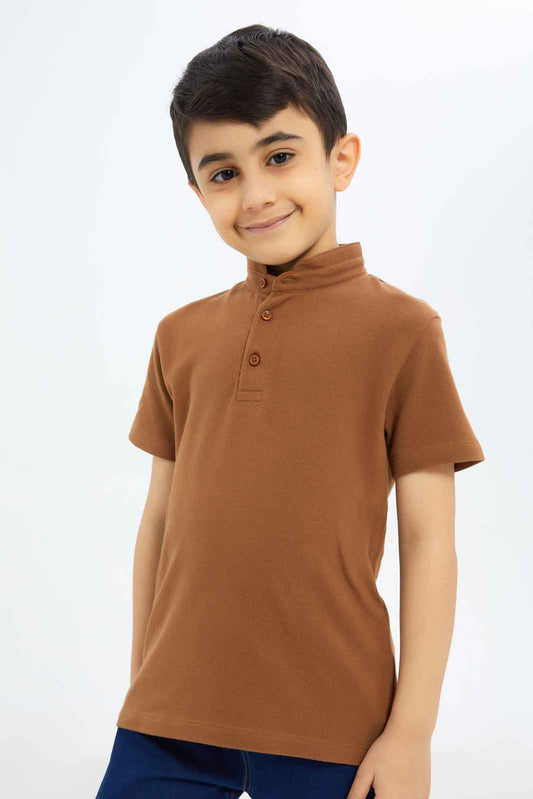 Redtag-Boys-Brown-Stand-Up-Collar-Polo-Shirt-BOY-Polo-T-Shirts,-Category:Polo-T-Shirts,-Colour:Brown,-Deals:New-In,-Filter:Boys-(2-to-8-Yrs),-New-In-BOY-APL,-Non-Sale,-S23B,-Section:Boys-(0-to-14Yrs),-VLM-Boys-2 to 8 Years