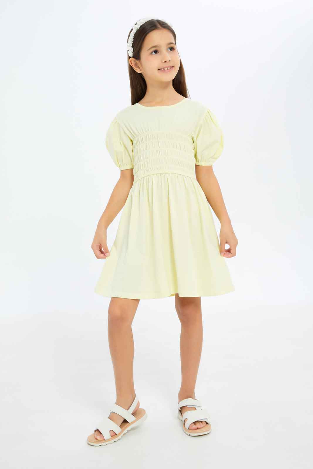 Redtag-Girls-Puff-Sleeve-Dress---Yellow-Plain-Category:Dresses,-Colour:Yellow,-Deals:New-In,-Filter:Girls-(2-to-8-Yrs),-GIR-Dresses,-New-In-GIR-APL,-Non-Sale,-S23B,-Section:Girls-(0-to-14Yrs)-Girls-2 to 8 Years