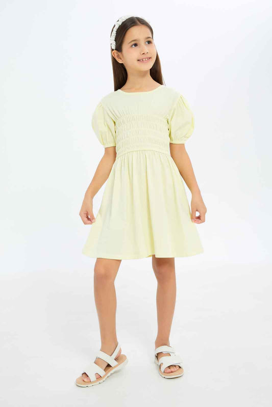 Redtag-Girls-Puff-Sleeve-Dress---Yellow-Plain-Category:Dresses,-Colour:Yellow,-Deals:New-In,-Filter:Girls-(2-to-8-Yrs),-GIR-Dresses,-New-In-GIR-APL,-Non-Sale,-S23B,-Section:Girls-(0-to-14Yrs)-Girls-2 to 8 Years