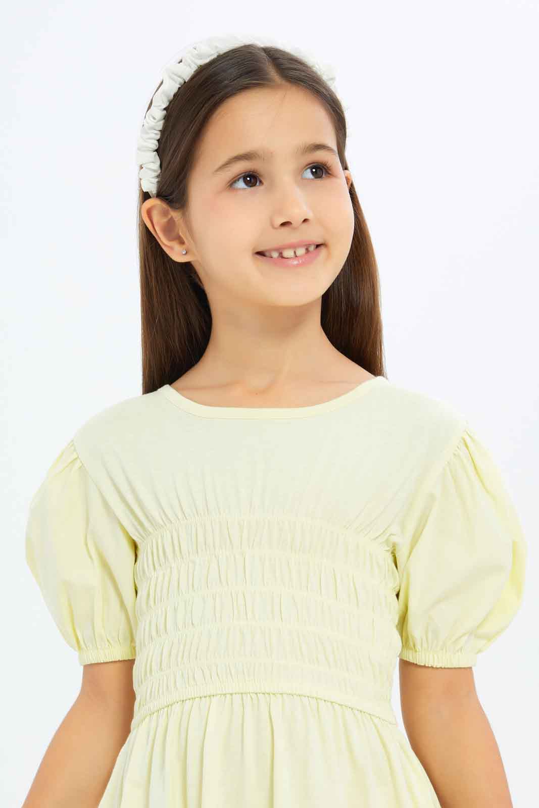 Redtag-Girls-Puff-Sleeve-Dress---Yellow-Plain-Category:Dresses,-Colour:Yellow,-Deals:New-In,-Filter:Girls-(2-to-8-Yrs),-GIR-Dresses,-New-In-GIR-APL,-Non-Sale,-S23B,-Section:Girls-(0-to-14Yrs)-Girls-2 to 8 Years
