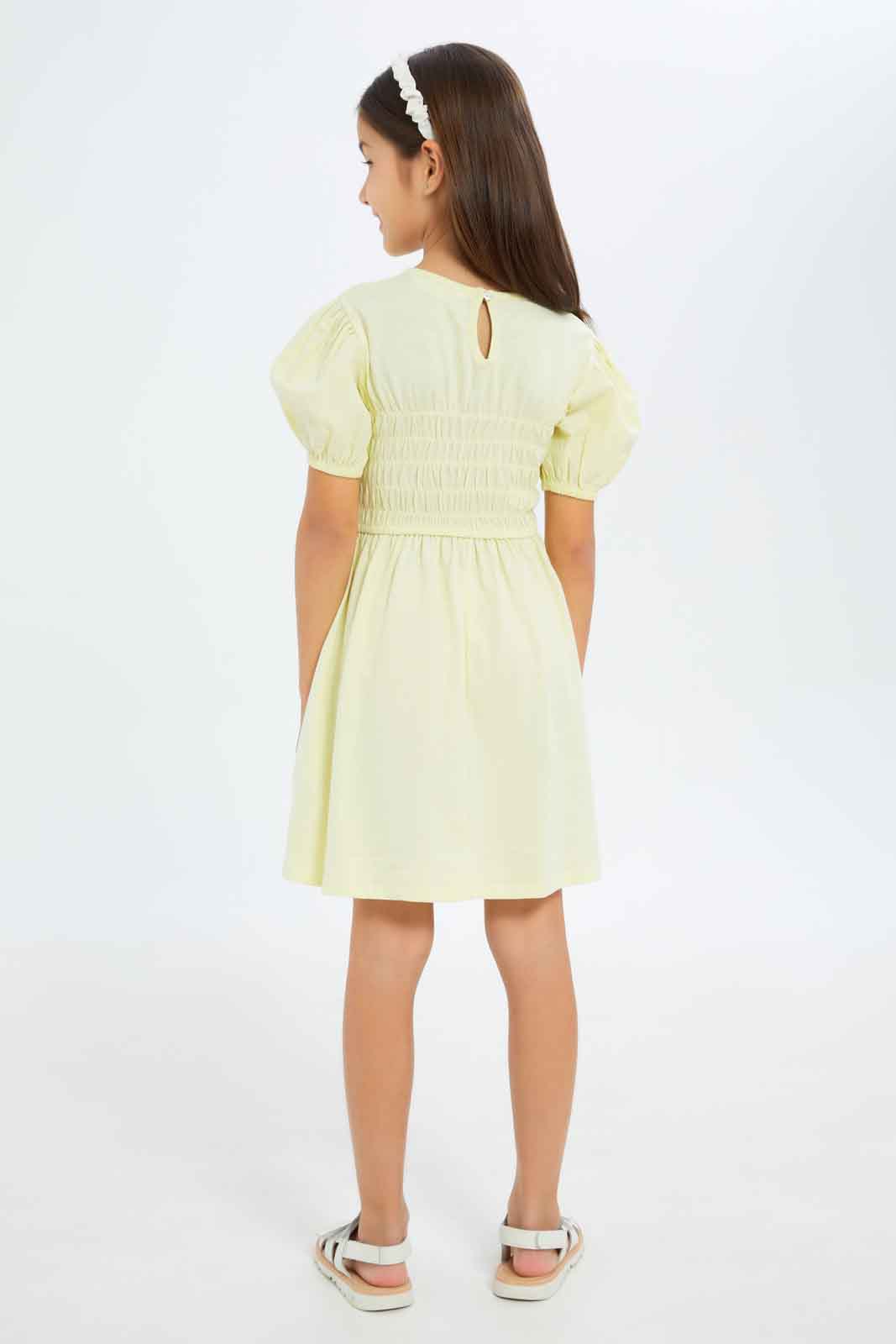 Redtag-Girls-Puff-Sleeve-Dress---Yellow-Plain-Category:Dresses,-Colour:Yellow,-Deals:New-In,-Filter:Girls-(2-to-8-Yrs),-GIR-Dresses,-New-In-GIR-APL,-Non-Sale,-S23B,-Section:Girls-(0-to-14Yrs)-Girls-2 to 8 Years