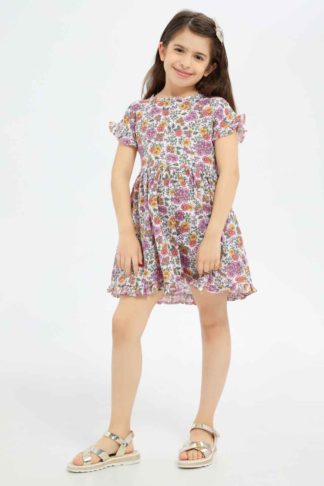 Redtag-Girls-Ruffle-Seersucker-Dress--Red-Strawberry-Category:Dresses,-Colour:Red,-Deals:New-In,-Filter:Girls-(2-to-8-Yrs),-GIR-Dresses,-New-In-GIR-APL,-Non-Sale,-S23B,-Section:Girls-(0-to-14Yrs)-Girls-2 to 8 Years
