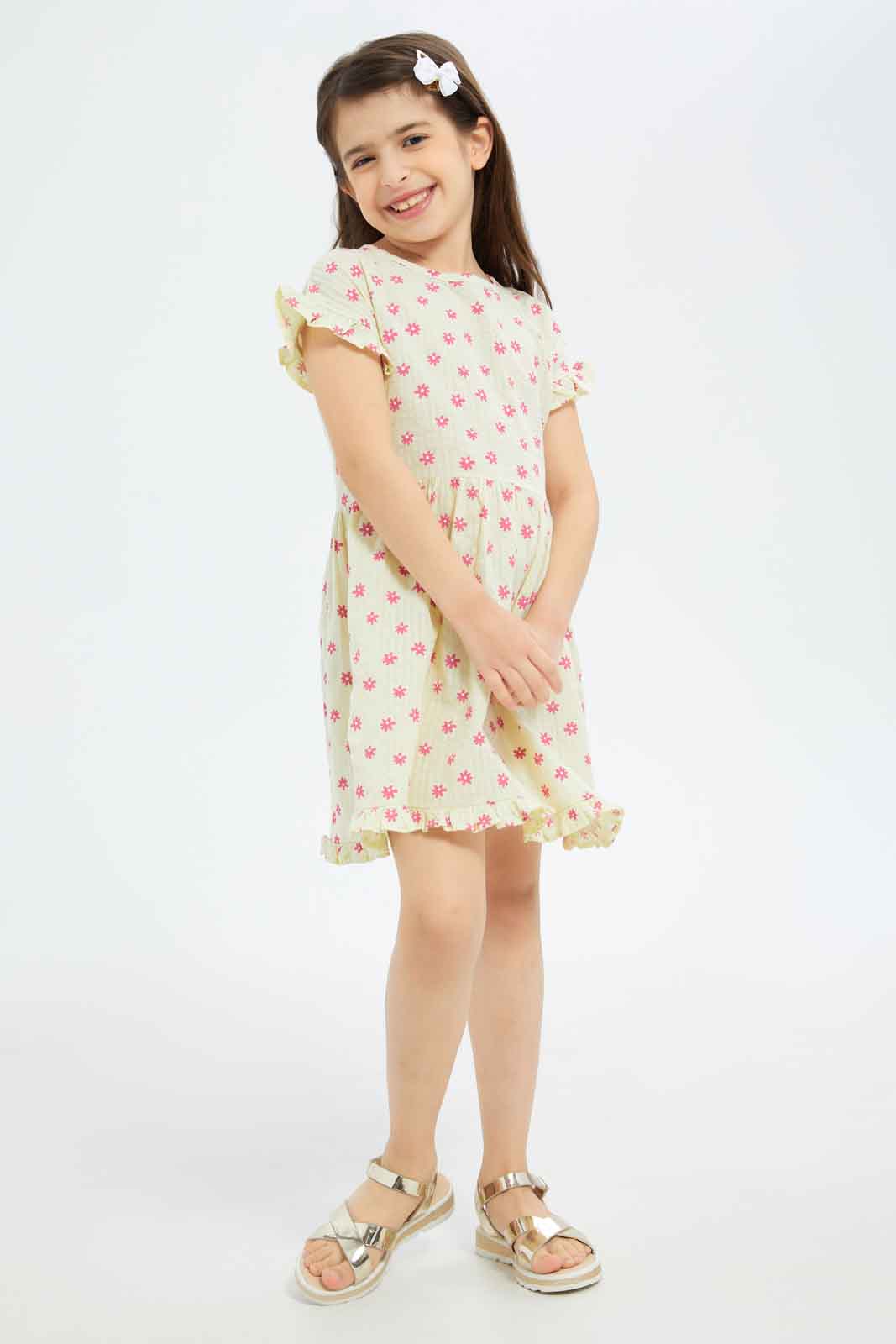 Redtag-Girls-Ruffle-Seersucker-Dress---Yellow-Floral-Category:Dresses,-Colour:Yellow,-Deals:New-In,-Filter:Girls-(2-to-8-Yrs),-GIR-Dresses,-New-In-GIR-APL,-Non-Sale,-S23B,-Section:Girls-(0-to-14Yrs)-Girls-2 to 8 Years
