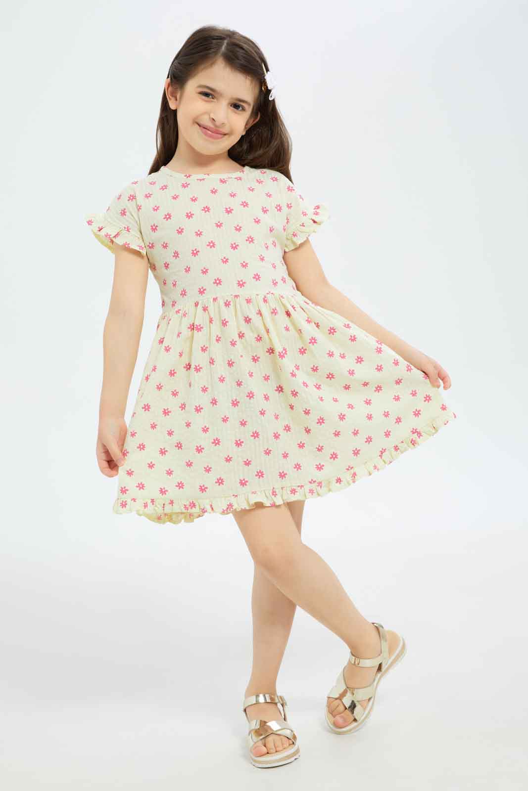 Redtag-Girls-Ruffle-Seersucker-Dress---Yellow-Floral-Category:Dresses,-Colour:Yellow,-Deals:New-In,-Filter:Girls-(2-to-8-Yrs),-GIR-Dresses,-New-In-GIR-APL,-Non-Sale,-S23B,-Section:Girls-(0-to-14Yrs)-Girls-2 to 8 Years