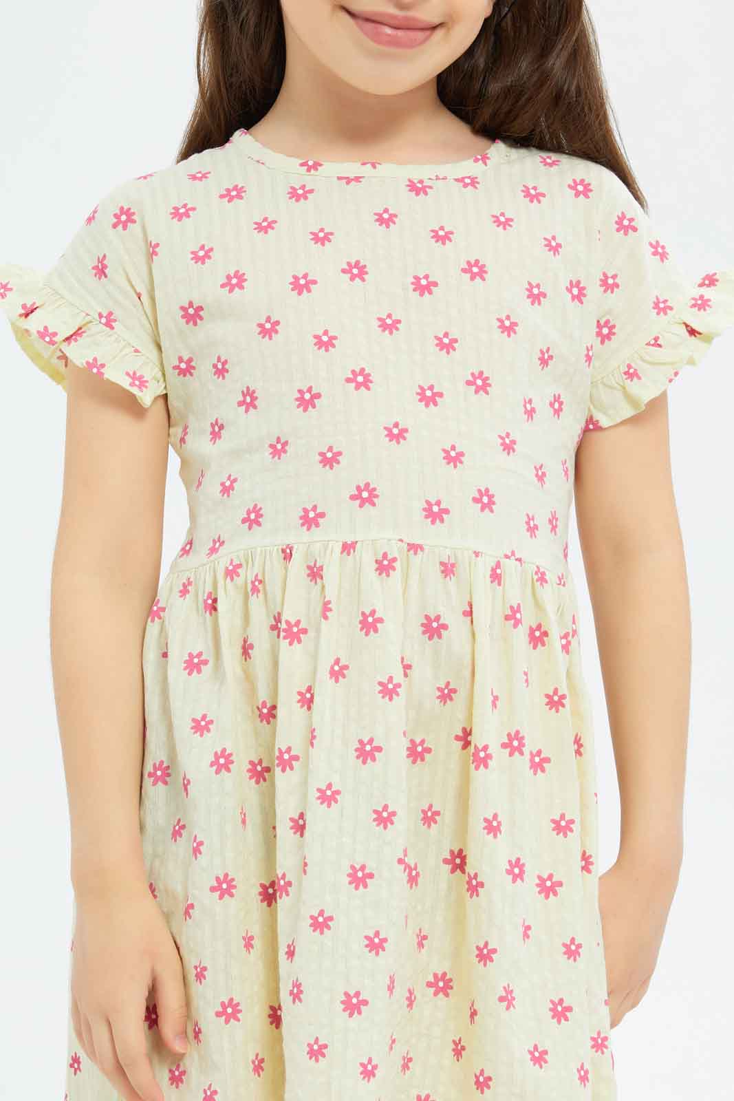 Redtag-Girls-Ruffle-Seersucker-Dress---Yellow-Floral-Category:Dresses,-Colour:Yellow,-Deals:New-In,-Filter:Girls-(2-to-8-Yrs),-GIR-Dresses,-New-In-GIR-APL,-Non-Sale,-S23B,-Section:Girls-(0-to-14Yrs)-Girls-2 to 8 Years