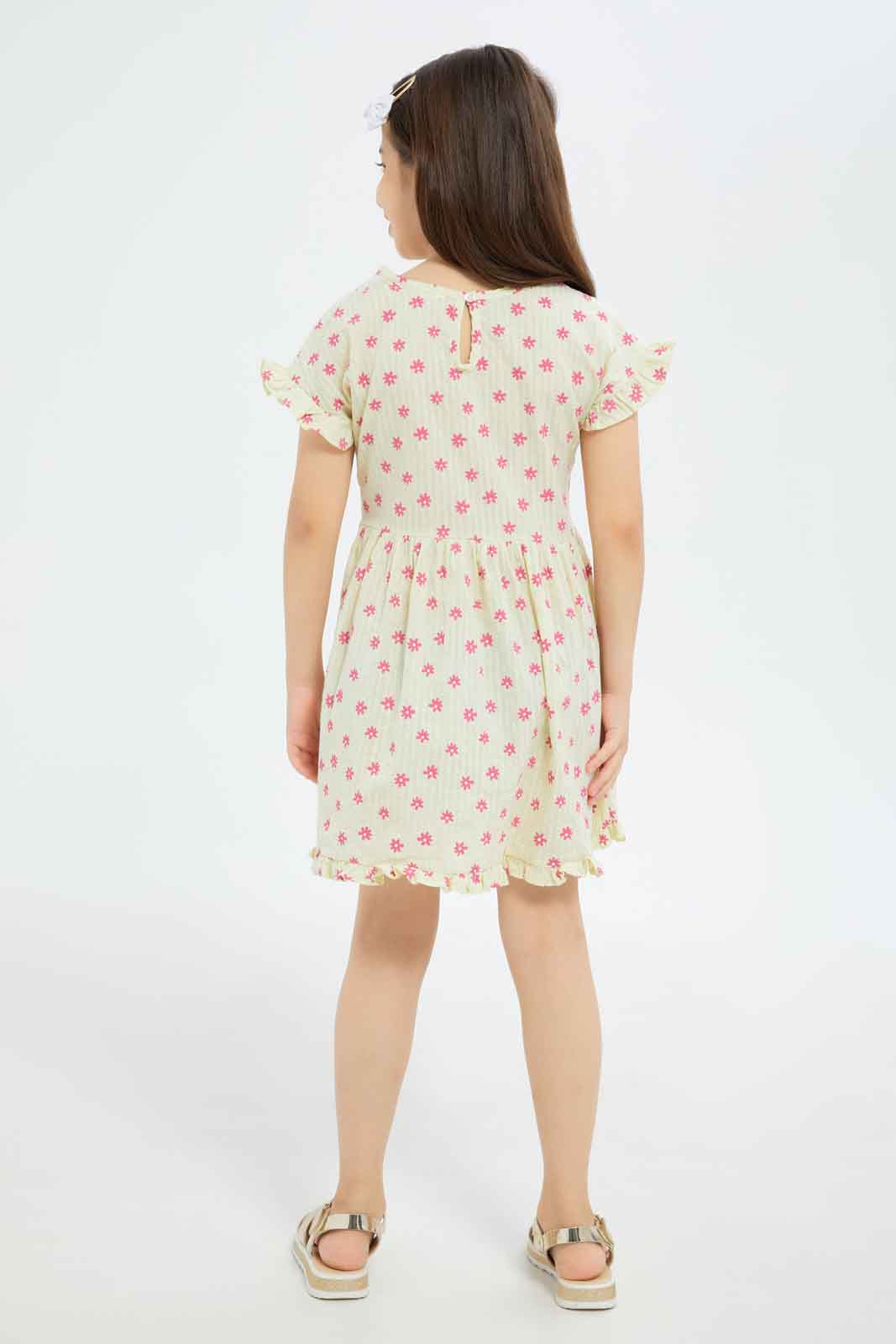Redtag-Girls-Ruffle-Seersucker-Dress---Yellow-Floral-Category:Dresses,-Colour:Yellow,-Deals:New-In,-Filter:Girls-(2-to-8-Yrs),-GIR-Dresses,-New-In-GIR-APL,-Non-Sale,-S23B,-Section:Girls-(0-to-14Yrs)-Girls-2 to 8 Years