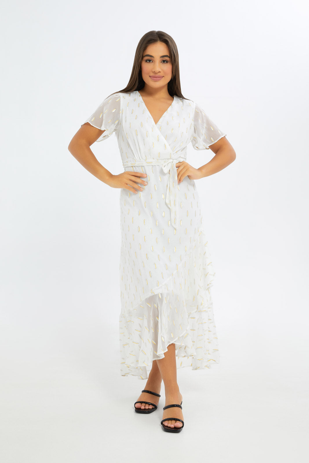 Redtag-Women-White-Metallic-Dobby-Wrap-Dress-Category:Dresses,-Colour:White,-Deals:New-In,-Event:RMD,-Filter:Women's-Clothing,-H1:LWR,-H2:LAD,-H3:DRS,-H4:CAD,-New-In-Women-APL,-Non-Sale,-Occasion:Party-Dress,-Promo:RMD,-RMD,-S23C,-Season:S23C,-Section:Women,-Women-DressesDress-Size:Maxi-Dress-Women's-