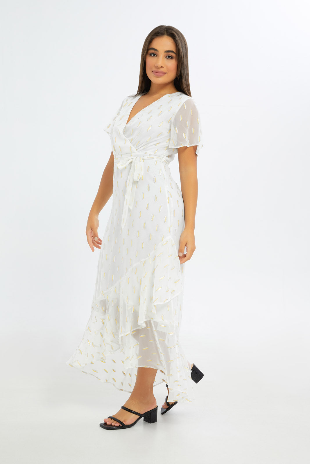 Redtag-Women-White-Metallic-Dobby-Wrap-Dress-Category:Dresses,-Colour:White,-Deals:New-In,-Event:RMD,-Filter:Women's-Clothing,-H1:LWR,-H2:LAD,-H3:DRS,-H4:CAD,-New-In-Women-APL,-Non-Sale,-Occasion:Party-Dress,-Promo:RMD,-RMD,-S23C,-Season:S23C,-Section:Women,-Women-DressesDress-Size:Maxi-Dress-Women's-