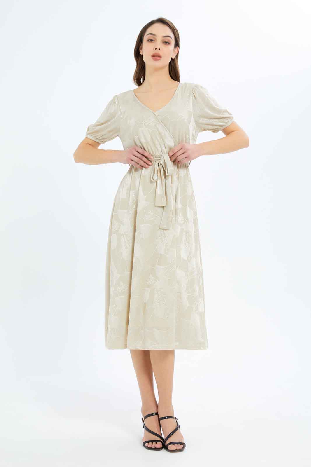 Redtag-Women-Jacquard-Wrap-Dress-Category:Dresses,-Colour:Beige,-Deals:New-In,-Filter:Women's-Clothing,-New-In-Women-APL,-Non-Sale,-RMD,-S23C,-Section:Women,-Women-Dresses-Women's-