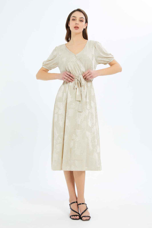 Redtag-Women-Jacquard-Wrap-Dress-Category:Dresses,-Colour:Beige,-Deals:New-In,-Filter:Women's-Clothing,-New-In-Women-APL,-Non-Sale,-RMD,-S23C,-Section:Women,-Women-Dresses-Women's-