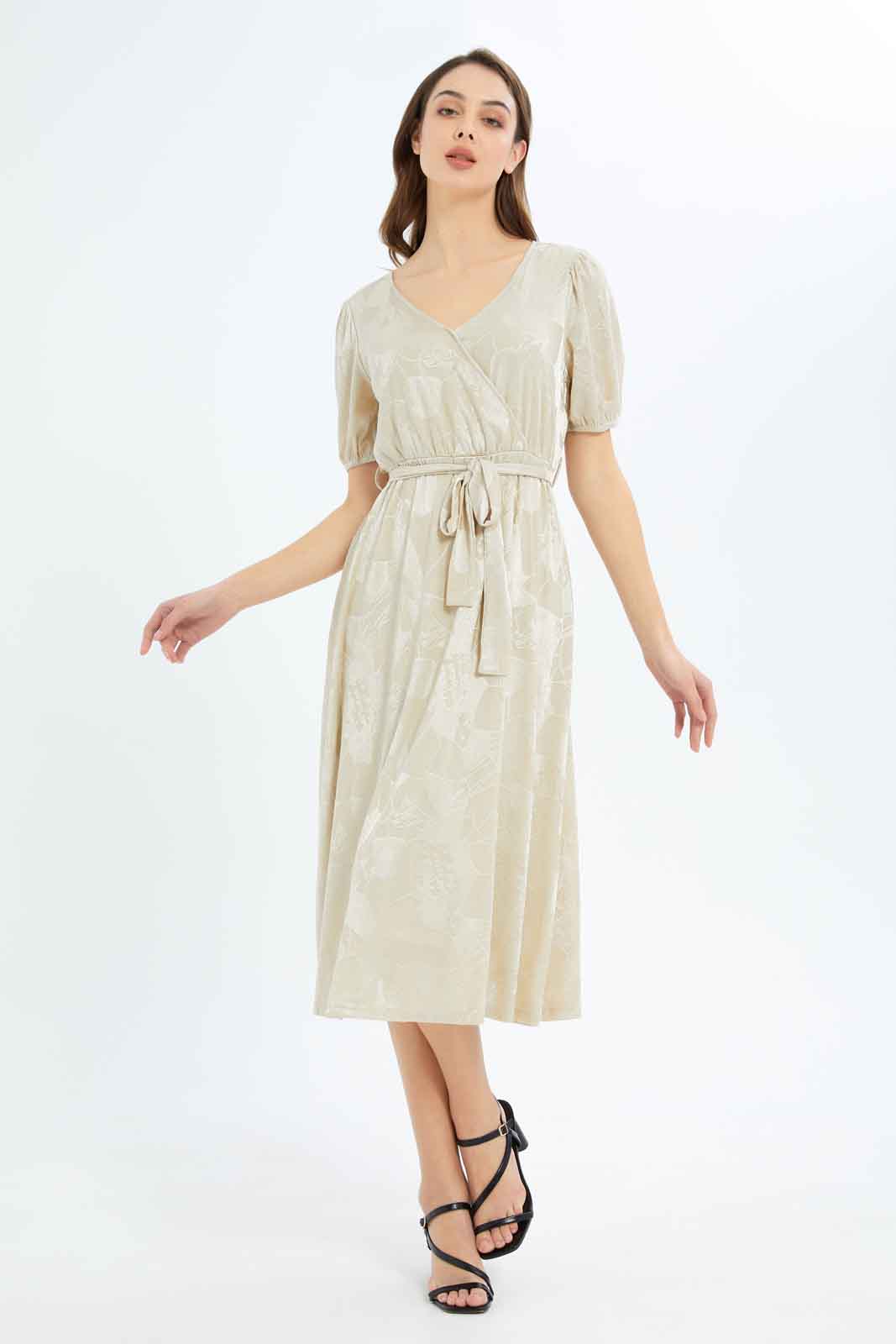Redtag-Women-Jacquard-Wrap-Dress-Category:Dresses,-Colour:Beige,-Deals:New-In,-Filter:Women's-Clothing,-New-In-Women-APL,-Non-Sale,-RMD,-S23C,-Section:Women,-Women-Dresses-Women's-