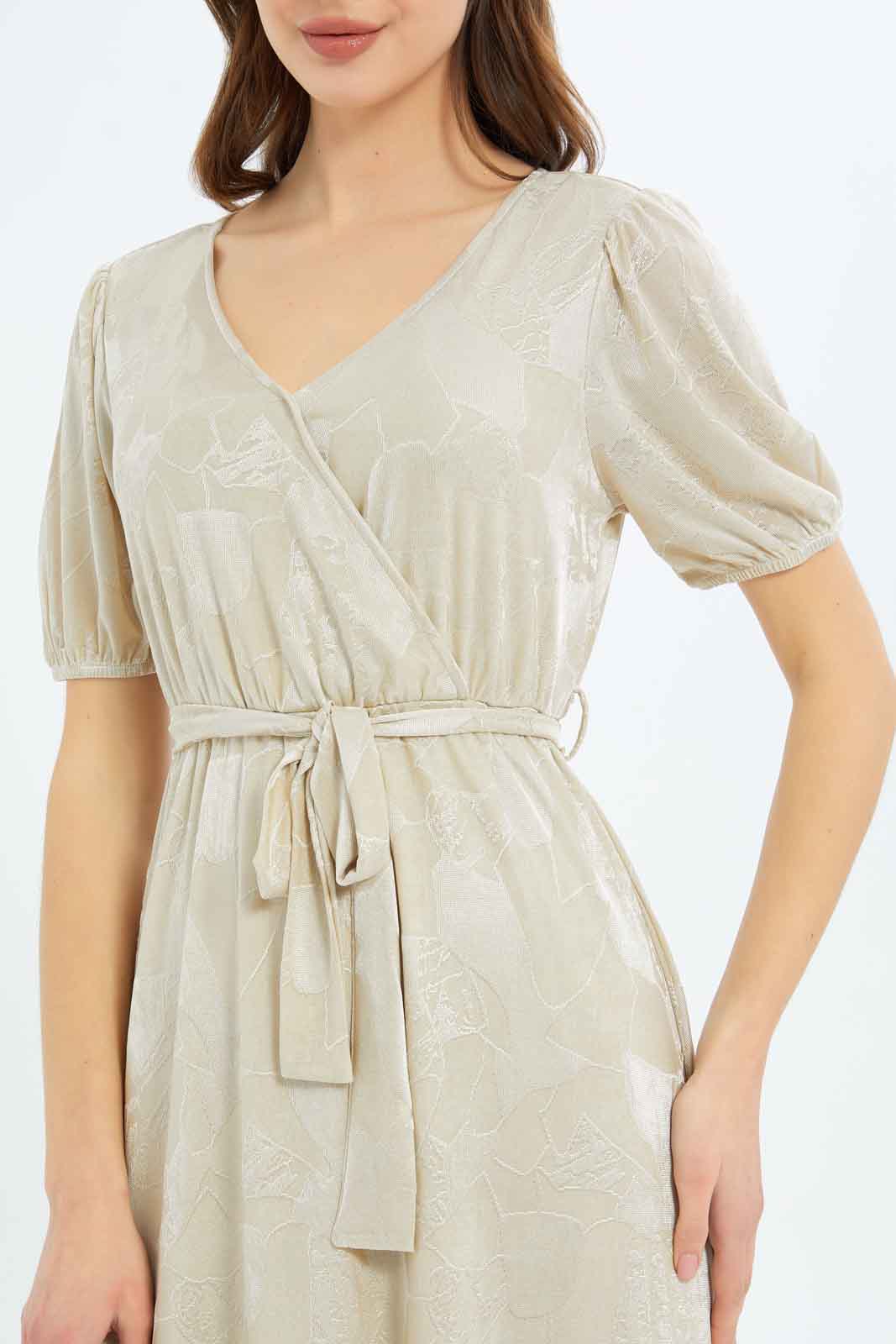 Redtag-Women-Jacquard-Wrap-Dress-Category:Dresses,-Colour:Beige,-Deals:New-In,-Filter:Women's-Clothing,-New-In-Women-APL,-Non-Sale,-RMD,-S23C,-Section:Women,-Women-Dresses-Women's-