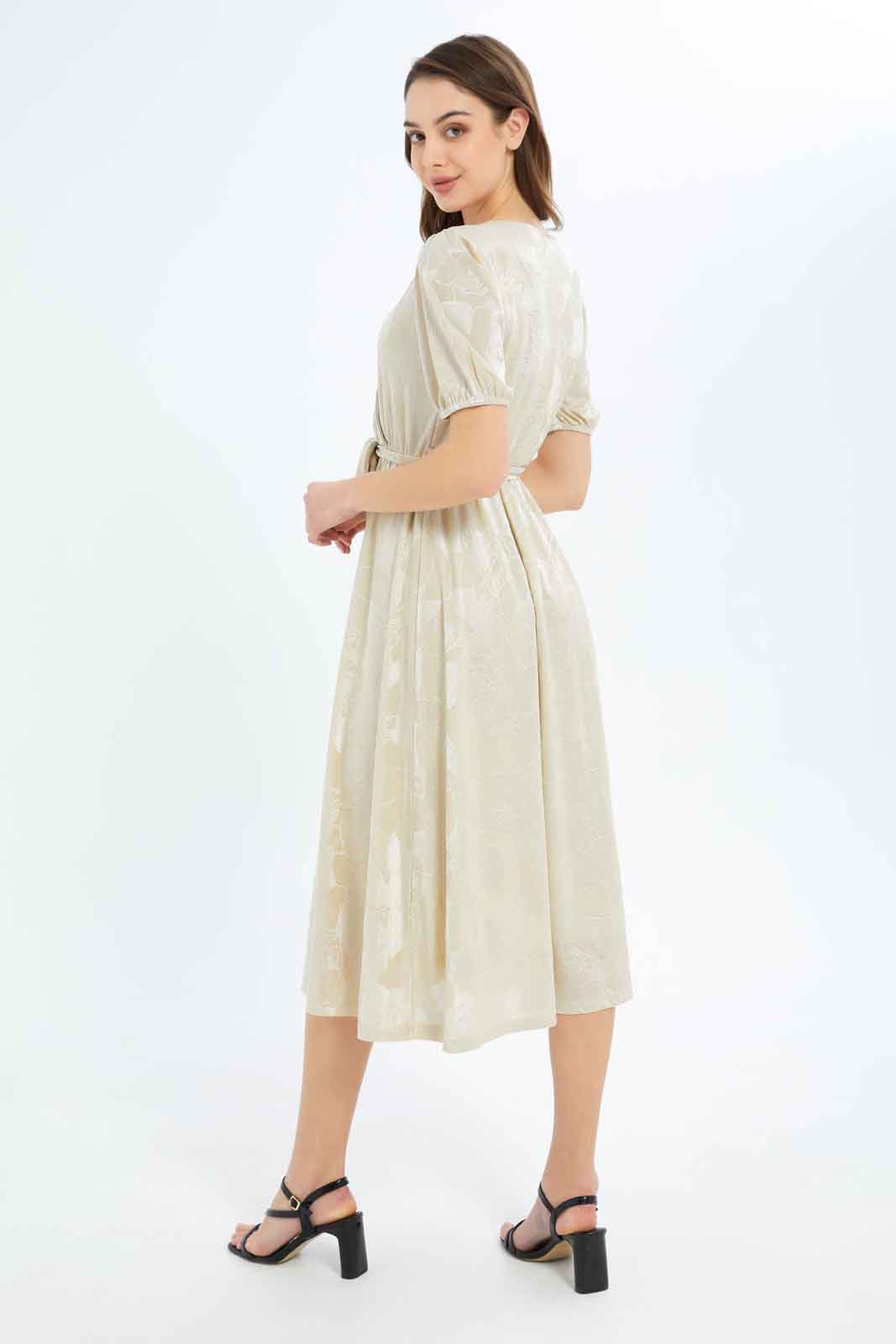 Redtag-Women-Jacquard-Wrap-Dress-Category:Dresses,-Colour:Beige,-Deals:New-In,-Filter:Women's-Clothing,-New-In-Women-APL,-Non-Sale,-RMD,-S23C,-Section:Women,-Women-Dresses-Women's-