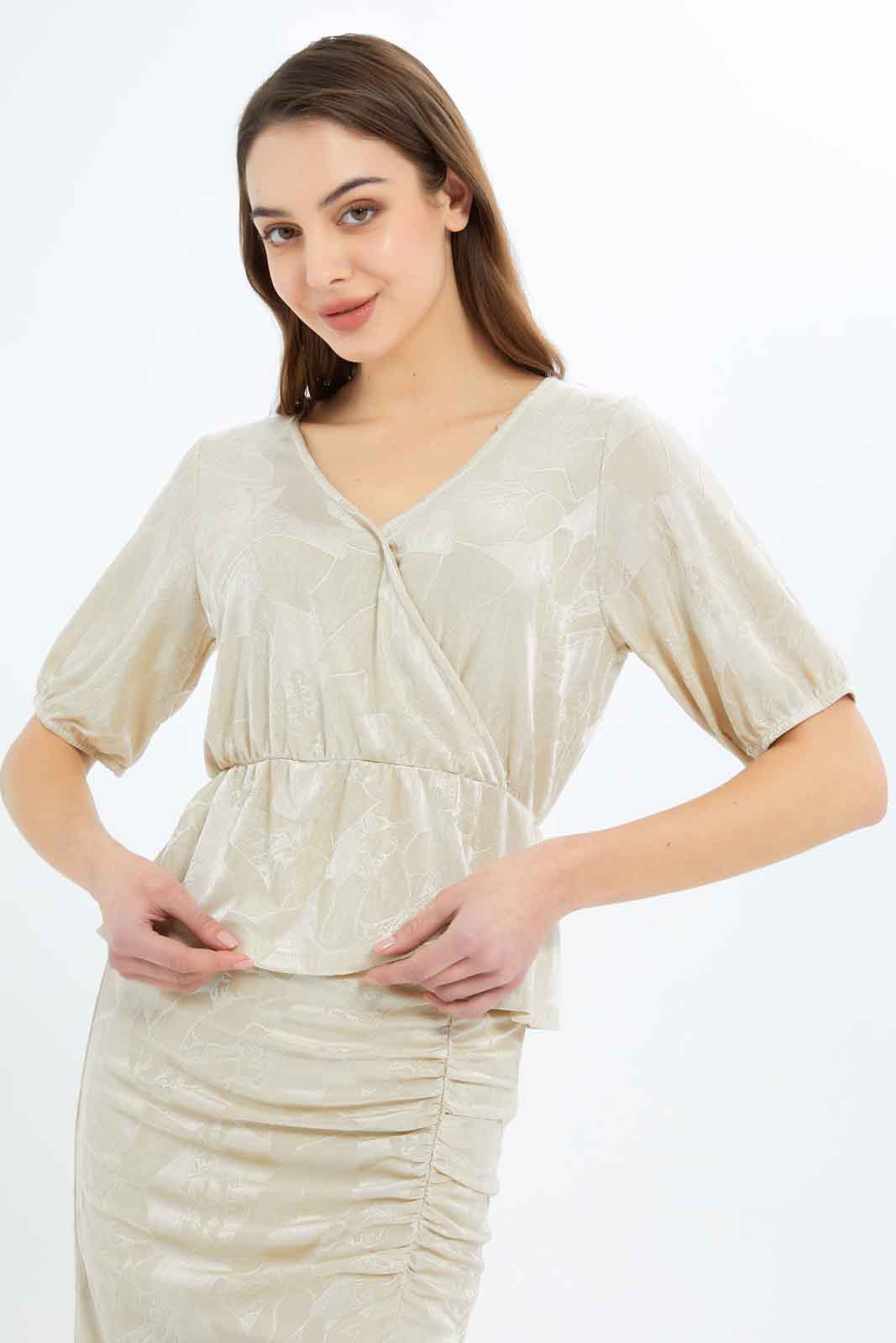 Redtag-Women-Jacquard-Wrap-Blouse-Category:Tops,-Colour:Beige,-Deals:New-In,-Filter:Women's-Clothing,-New-In-Women-APL,-Non-Sale,-RMD,-S23C,-Section:Women,-Women-Tops-Women's-