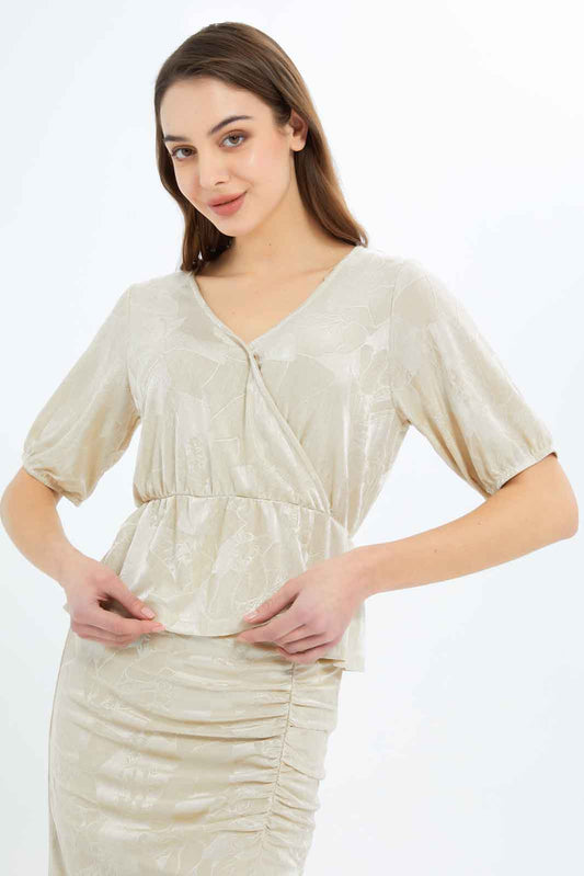 Redtag-Women-Jacquard-Wrap-Blouse-Category:Tops,-Colour:Beige,-Deals:New-In,-Filter:Women's-Clothing,-New-In-Women-APL,-Non-Sale,-RMD,-S23C,-Section:Women,-Women-Tops-Women's-
