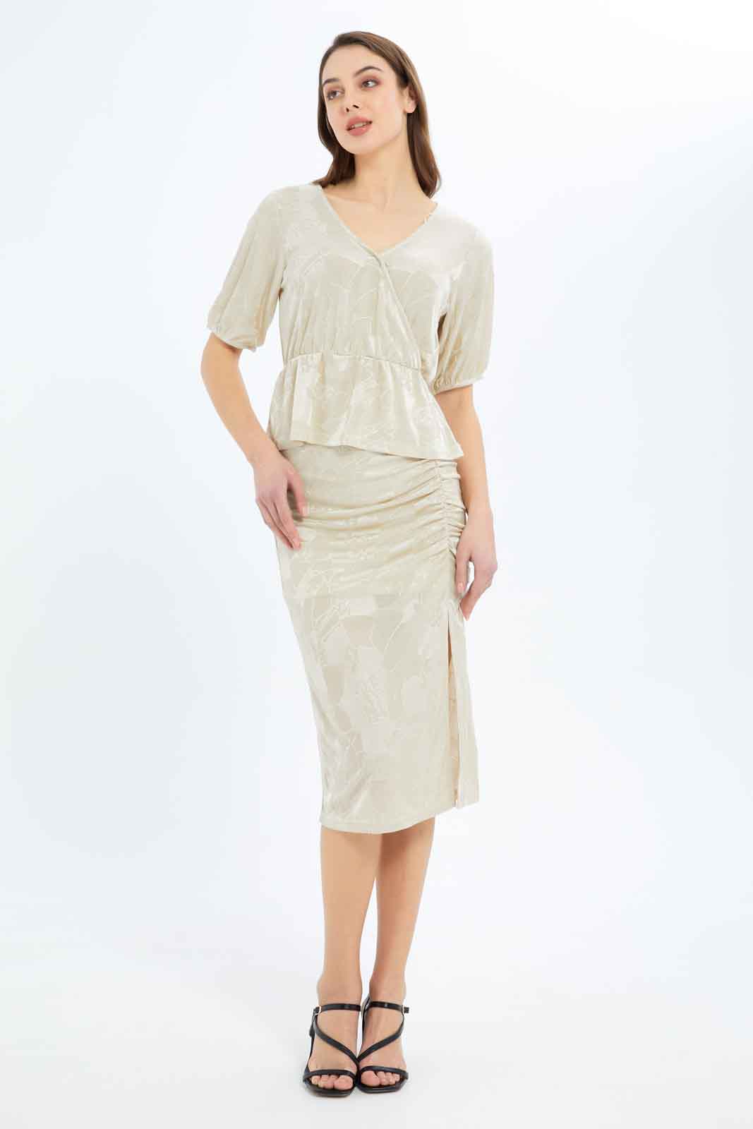 Redtag-Women-Jacqaurd-Ruched-Skirt-Category:Skirts,-Colour:Beige,-Deals:New-In,-Filter:Women's-Clothing,-New-In-Women-APL,-Non-Sale,-RMD,-S23C,-Section:Women,-Women-Skirts-Women's-
