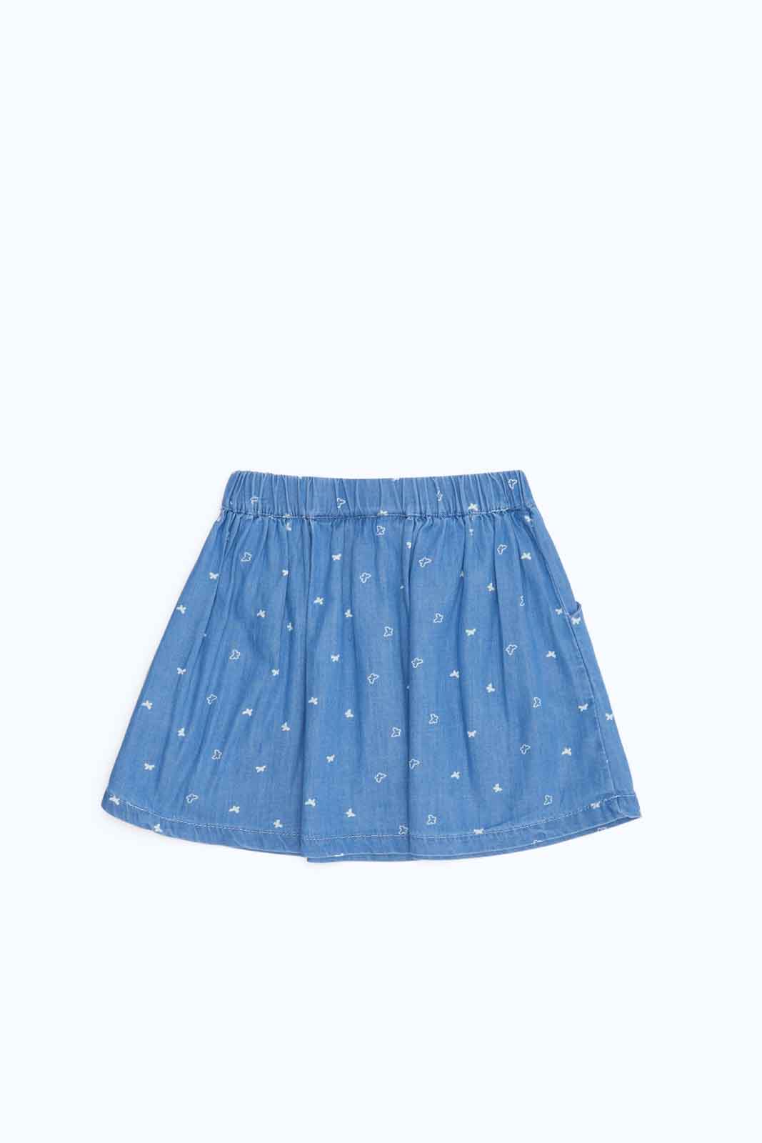 Redtag-Girls-Blue-Printed-Denim-Dirndl-Skirt-Category:Skirts,-Colour:Blue,-Deals:New-In,-Filter:Infant-Girls-(3-to-24-Mths),-ING-Skirts,-New-In-ING-APL,-Non-Sale,-S23B,-Section:Girls-(0-to-14Yrs)-Infant-Girls-3 to 24 Months