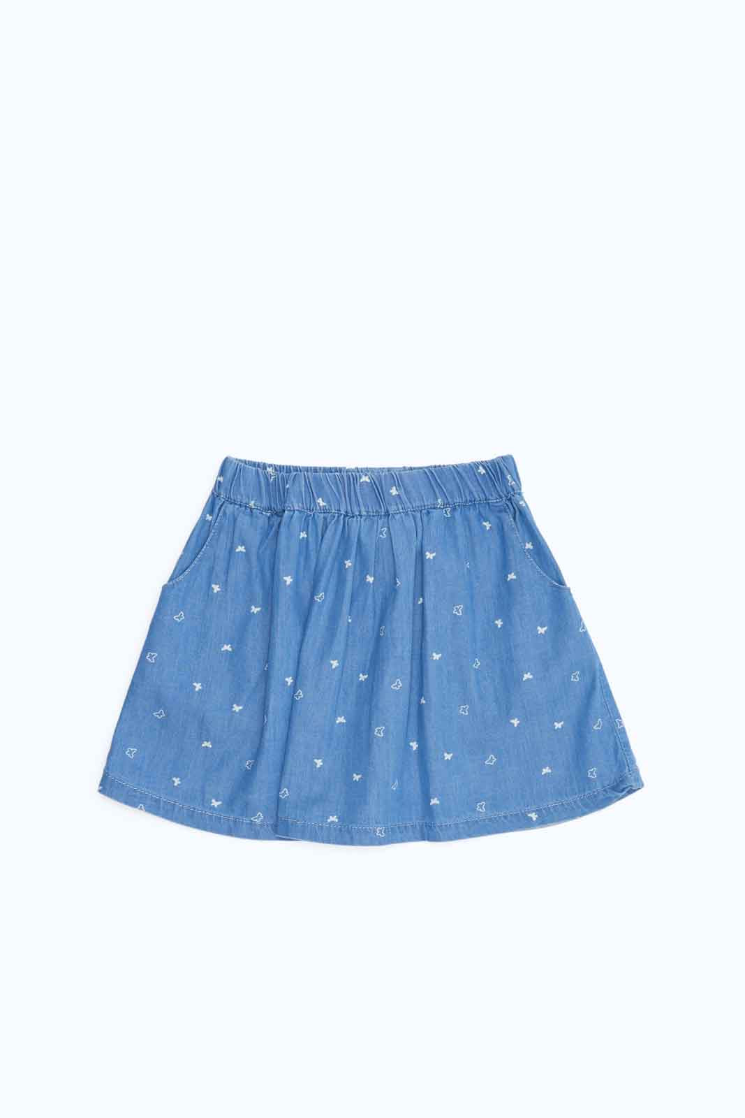 Redtag-Girls-Blue-Printed-Denim-Dirndl-Skirt-Category:Skirts,-Colour:Blue,-Deals:New-In,-Filter:Infant-Girls-(3-to-24-Mths),-ING-Skirts,-New-In-ING-APL,-Non-Sale,-S23B,-Section:Girls-(0-to-14Yrs)-Infant-Girls-3 to 24 Months