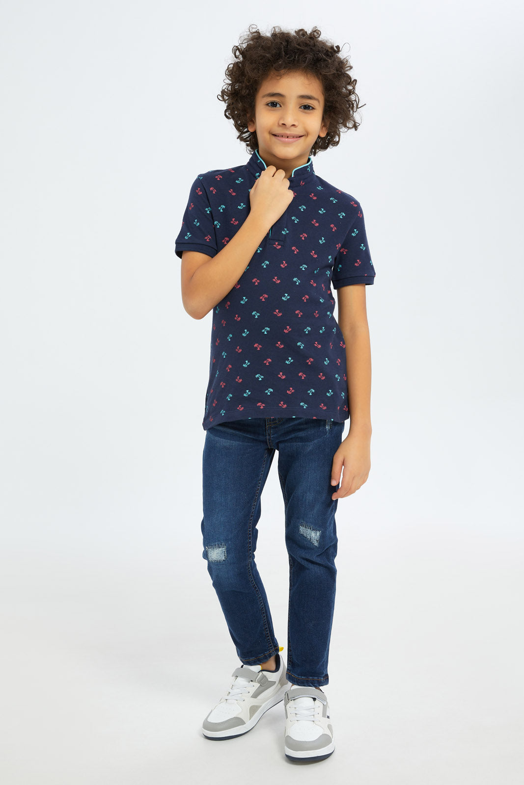 Redtag-Boys-Navy-Allover-Print-Stand-Up-Collar-Polo-Shirt-BOY-Polo-T-Shirts,-Category:Polo-T-Shirts,-Colour:Navy,-Deals:New-In,-Filter:Boys-(2-to-8-Yrs),-New-In-BOY-APL,-Non-Sale,-S23C,-Section:Boys-(0-to-14Yrs),-TBL-Boys-2 to 8 Years