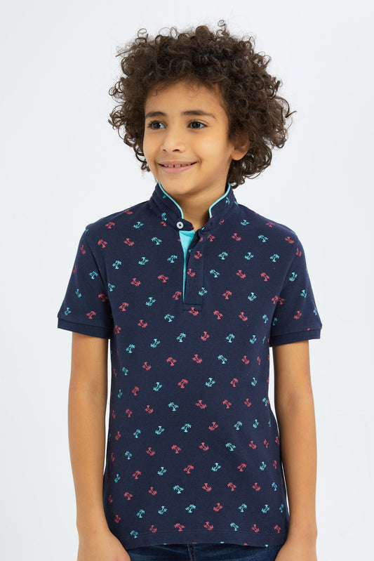 Redtag-Boys-Navy-Allover-Print-Stand-Up-Collar-Polo-Shirt-BOY-Polo-T-Shirts,-Category:Polo-T-Shirts,-Colour:Navy,-Deals:New-In,-Filter:Boys-(2-to-8-Yrs),-New-In-BOY-APL,-Non-Sale,-S23C,-Section:Boys-(0-to-14Yrs),-TBL-Boys-2 to 8 Years
