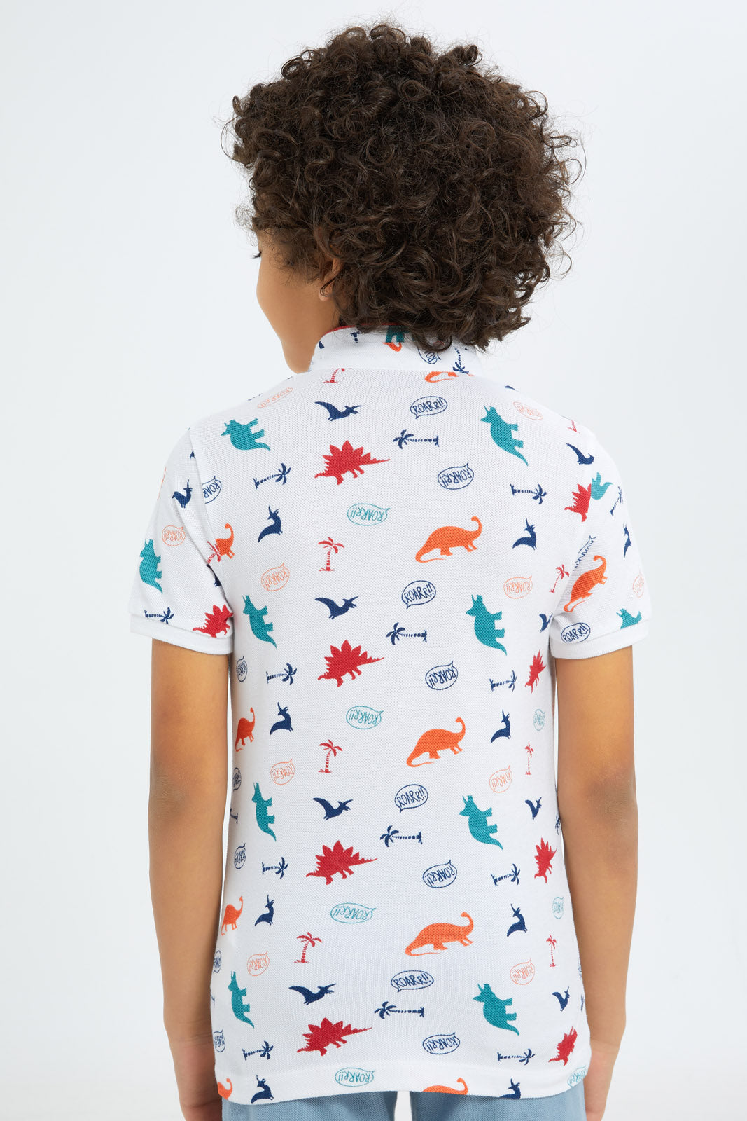 Redtag-Boys-White-Dino-Allover-Print-Stand-Up-Collar-Polo-Shirt-BOY-Polo-T-Shirts,-Category:Polo-T-Shirts,-Colour:White,-Deals:New-In,-Filter:Boys-(2-to-8-Yrs),-New-In-BOY-APL,-Non-Sale,-S23C,-Section:Boys-(0-to-14Yrs),-TBL-Boys-2 to 8 Years