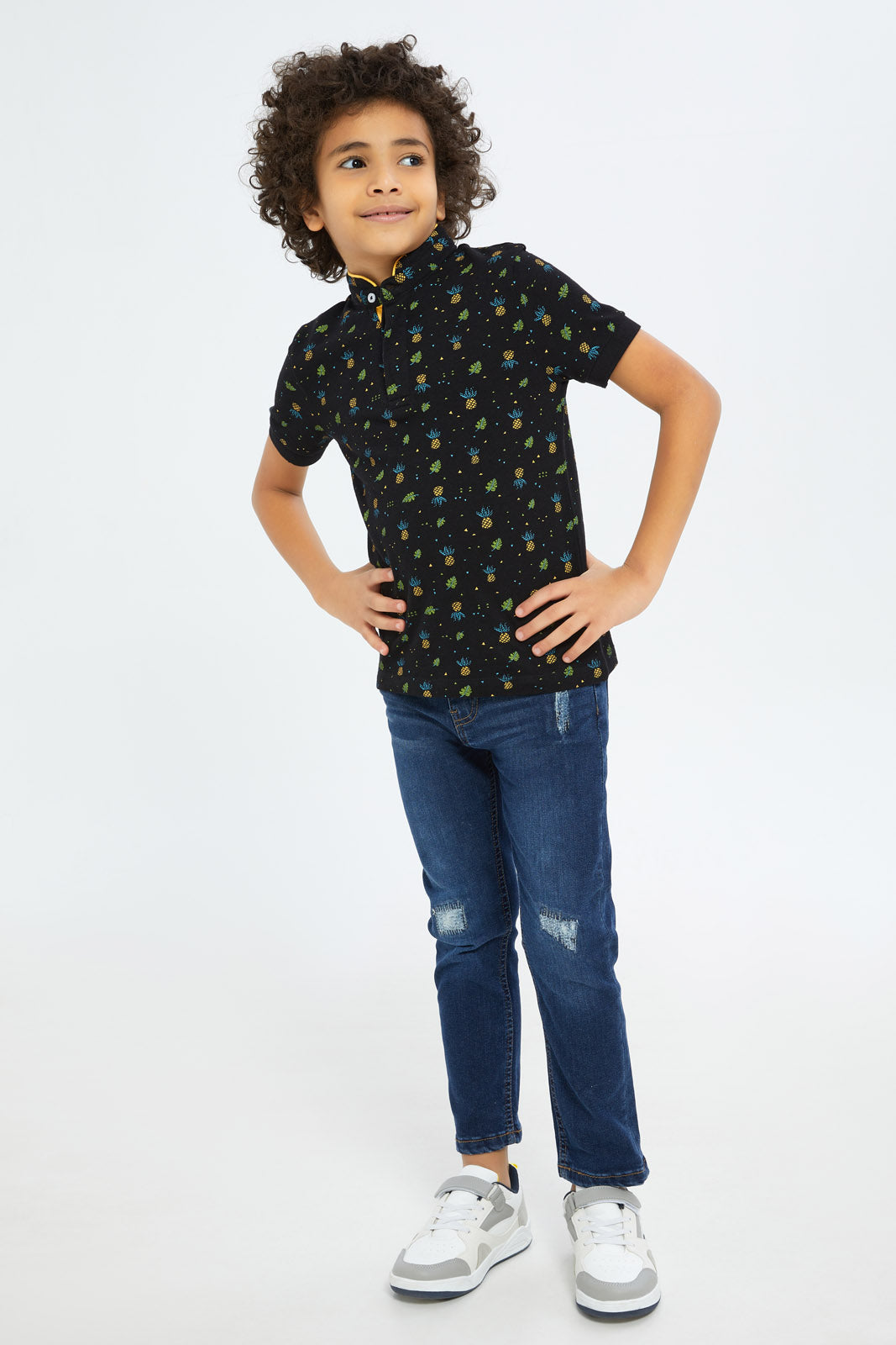 Redtag-Boys-Black-Pineapple-Allover-Print-Stand-Up-Collar-Polo-Shirt-BOY-Polo-T-Shirts,-Category:Polo-T-Shirts,-Colour:Black,-Deals:New-In,-Filter:Boys-(2-to-8-Yrs),-New-In-BOY-APL,-Non-Sale,-S23C,-Section:Boys-(0-to-14Yrs),-TBL-Boys-2 to 8 Years