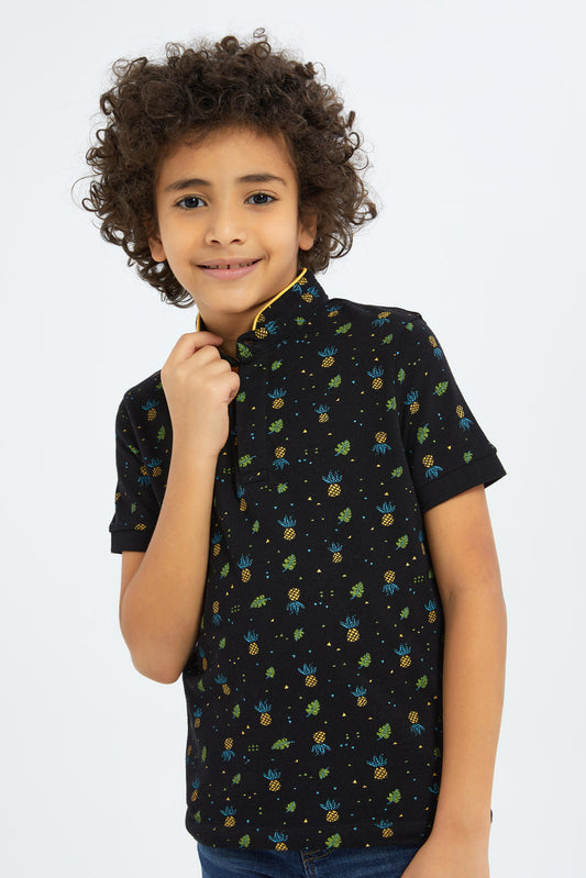 Redtag-Boys-Black-Pineapple-Allover-Print-Stand-Up-Collar-Polo-Shirt-BOY-Polo-T-Shirts,-Category:Polo-T-Shirts,-Colour:Black,-Deals:New-In,-Filter:Boys-(2-to-8-Yrs),-New-In-BOY-APL,-Non-Sale,-S23C,-Section:Boys-(0-to-14Yrs),-TBL-Boys-2 to 8 Years
