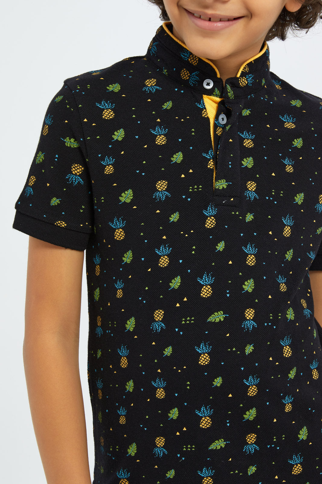 Redtag-Boys-Black-Pineapple-Allover-Print-Stand-Up-Collar-Polo-Shirt-BOY-Polo-T-Shirts,-Category:Polo-T-Shirts,-Colour:Black,-Deals:New-In,-Filter:Boys-(2-to-8-Yrs),-New-In-BOY-APL,-Non-Sale,-S23C,-Section:Boys-(0-to-14Yrs),-TBL-Boys-2 to 8 Years