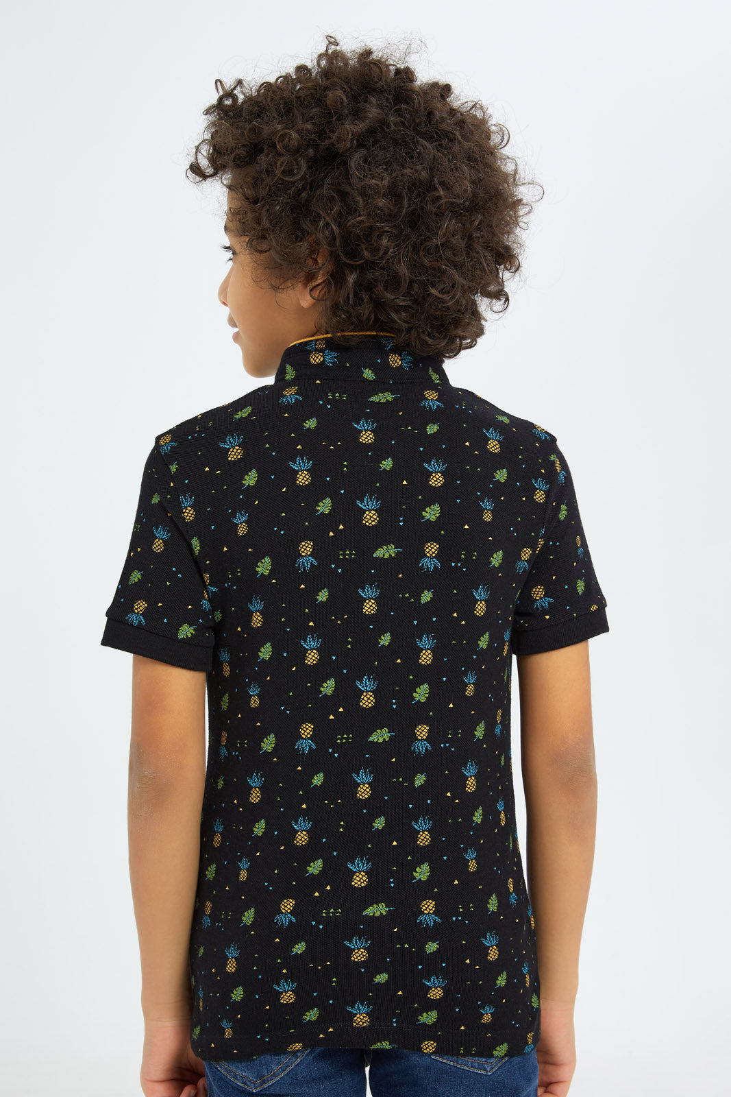 Redtag-Boys-Black-Pineapple-Allover-Print-Stand-Up-Collar-Polo-Shirt-BOY-Polo-T-Shirts,-Category:Polo-T-Shirts,-Colour:Black,-Deals:New-In,-Filter:Boys-(2-to-8-Yrs),-New-In-BOY-APL,-Non-Sale,-S23C,-Section:Boys-(0-to-14Yrs),-TBL-Boys-2 to 8 Years
